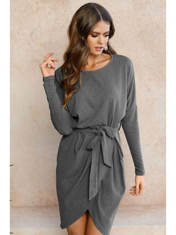 Tie Waist Long Sleeve Wrap Hem Sweater Dress