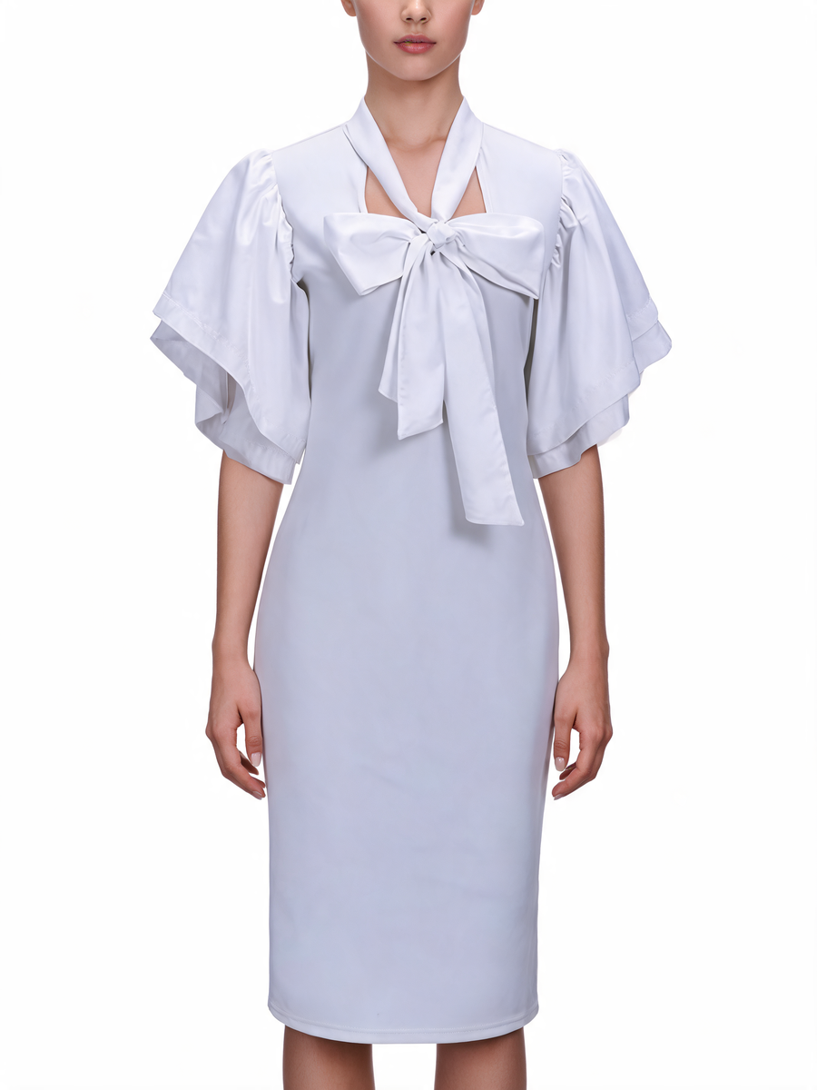 Bow Tie V Neck Flutter Sleeve Midi Dress