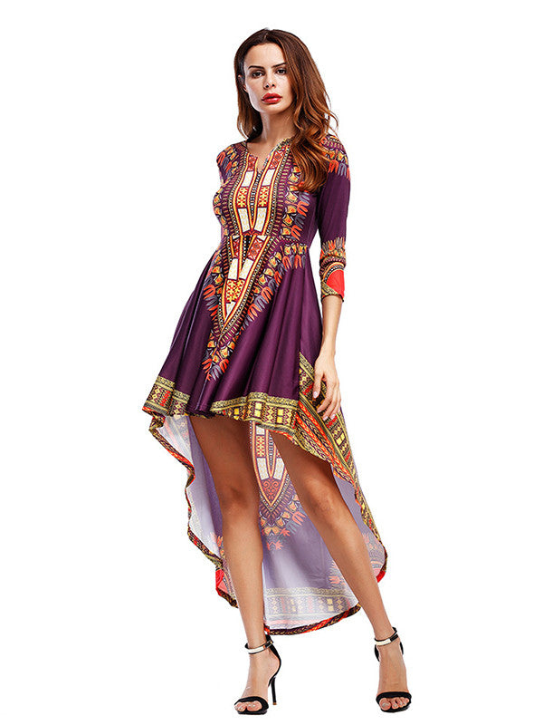 Three Quarter Sleeve Printed Asymmetrical Dress