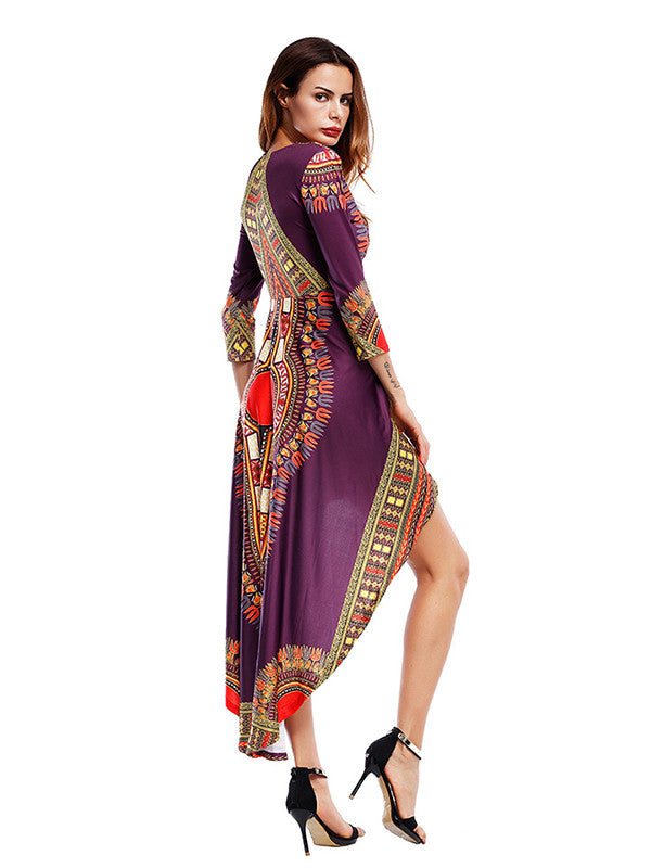 Three Quarter Sleeve Printed Asymmetrical Dress