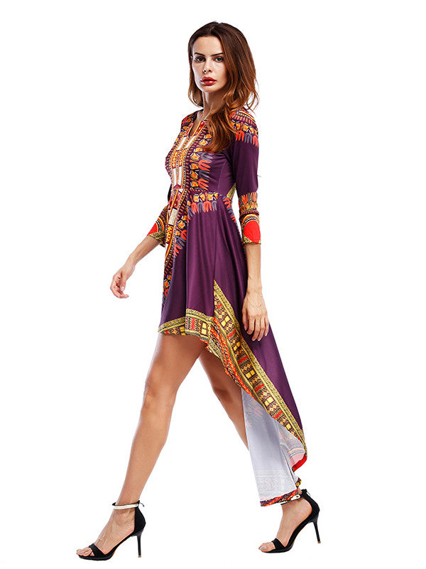 Three Quarter Sleeve Printed Asymmetrical Dress