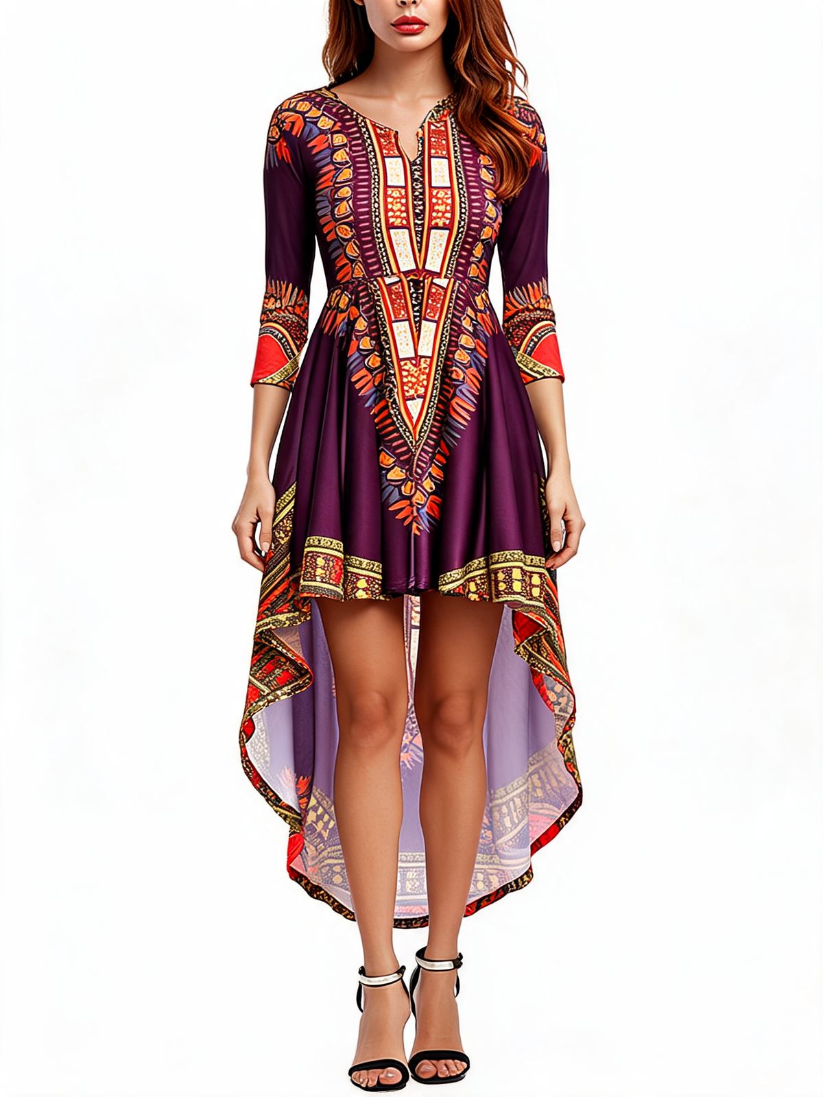 Three Quarter Sleeve Printed Asymmetrical Dress