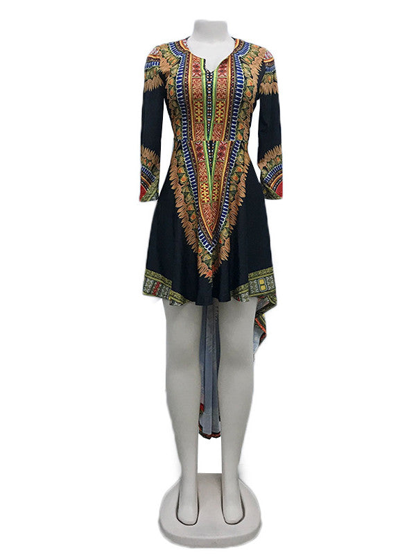 Three Quarter Sleeve Printed Asymmetrical Dress