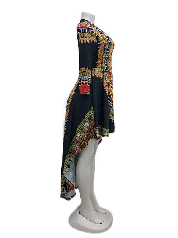 Three Quarter Sleeve Printed Asymmetrical Dress