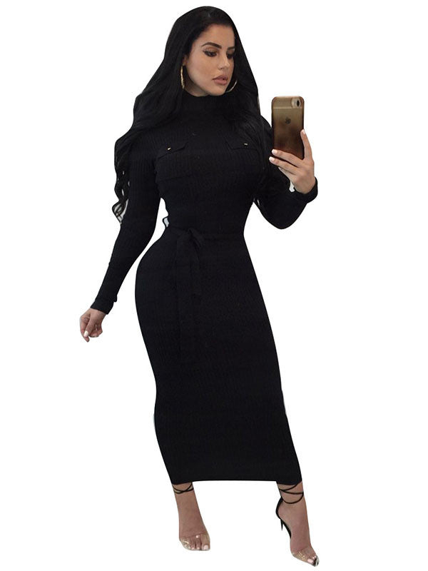 Mock Neck Belted Long Sleeve Knit Midi Dress