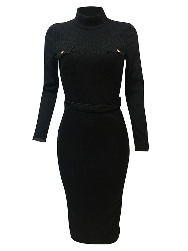 Mock Neck Belted Long Sleeve Knit Midi Dress