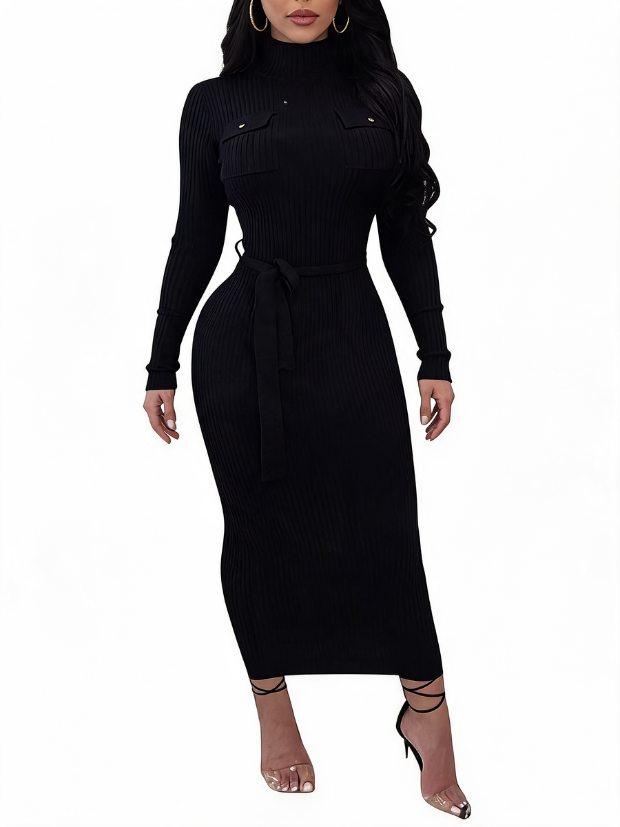 Mock Neck Belted Long Sleeve Knit Midi Dress