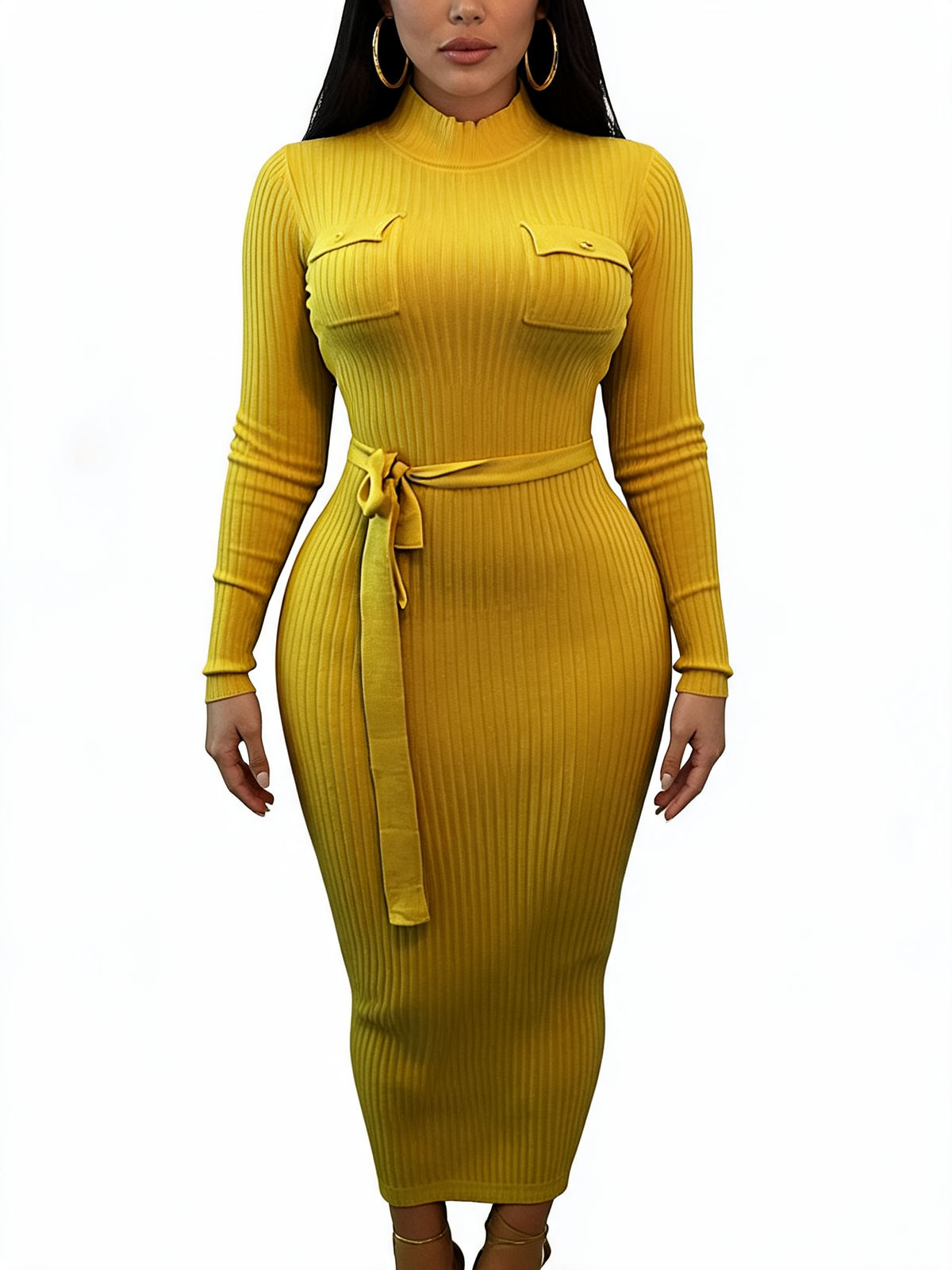 Mock Neck Belted Long Sleeve Knit Midi Dress