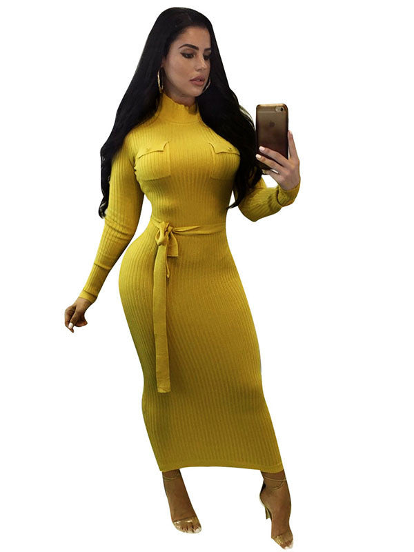 Mock Neck Belted Long Sleeve Knit Midi Dress