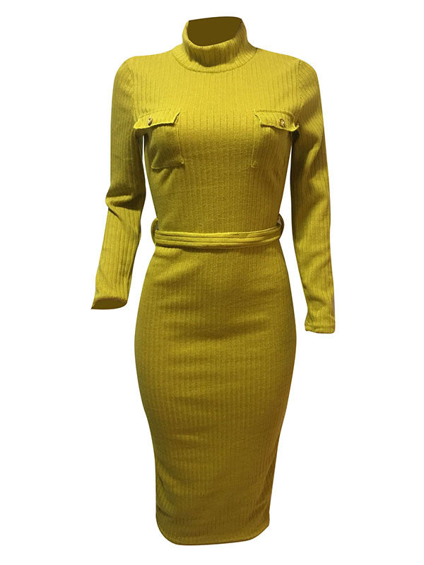 Mock Neck Belted Long Sleeve Knit Midi Dress