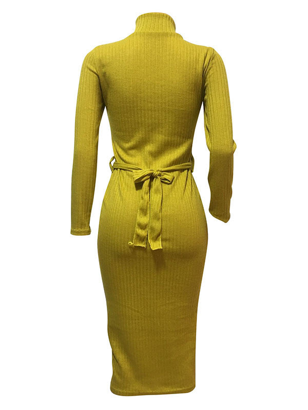 Mock Neck Belted Long Sleeve Knit Midi Dress