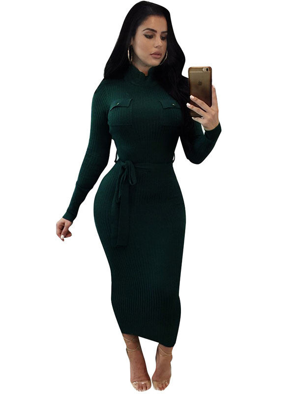 Mock Neck Belted Long Sleeve Knit Midi Dress