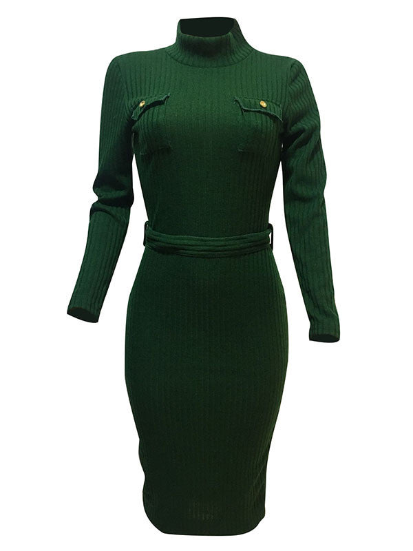 Mock Neck Belted Long Sleeve Knit Midi Dress