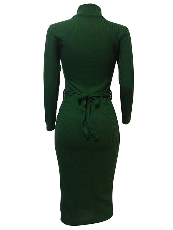 Mock Neck Belted Long Sleeve Knit Midi Dress