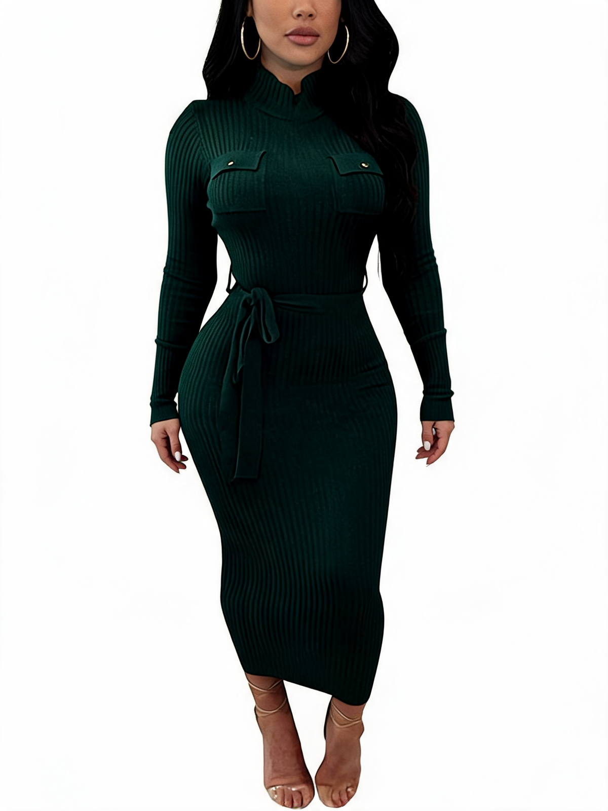 Mock Neck Belted Long Sleeve Knit Midi Dress