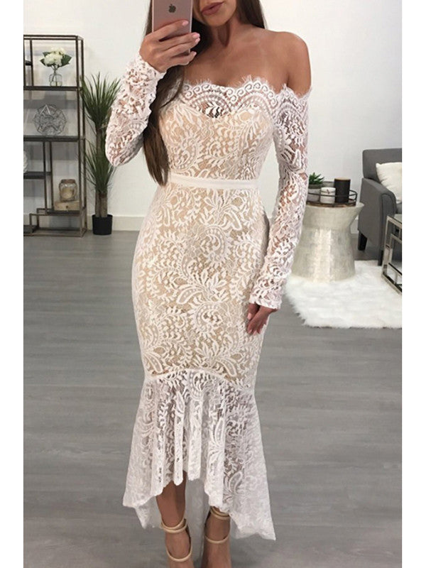 Off Shoulder Sheer Lace Ankle Length Dress
