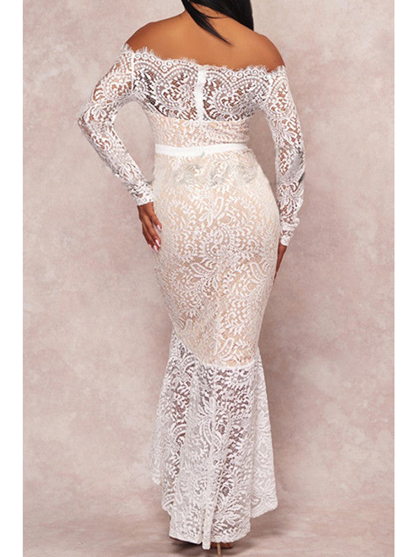 Off Shoulder Sheer Lace Ankle Length Dress