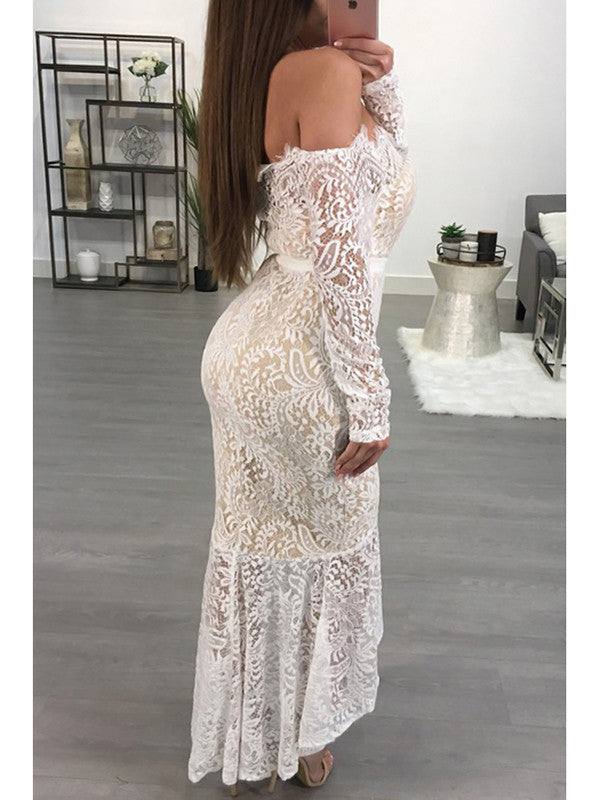 Off Shoulder Sheer Lace Ankle Length Dress