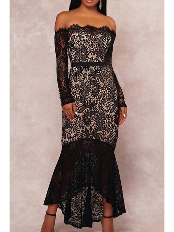 Off Shoulder Sheer Lace Ankle Length Dress