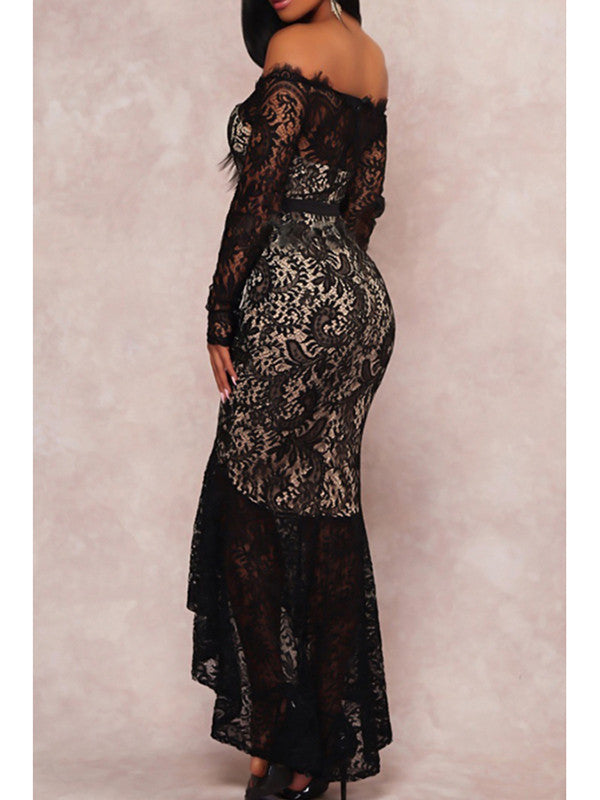 Off Shoulder Sheer Lace Ankle Length Dress