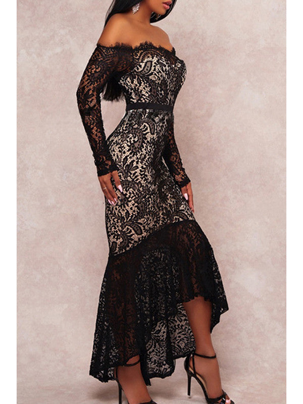 Off Shoulder Sheer Lace Ankle Length Dress