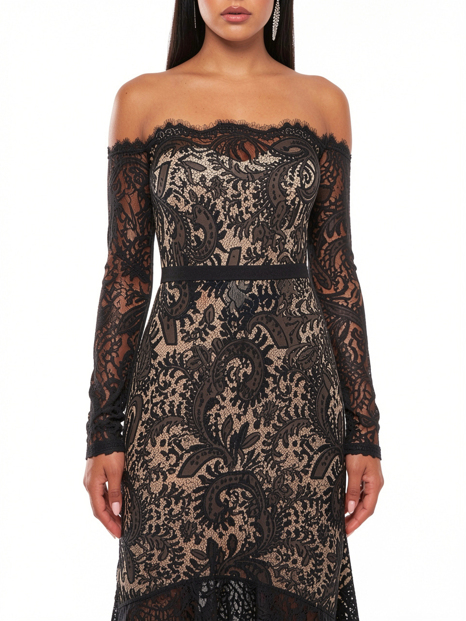 Off Shoulder Sheer Lace Ankle Length Dress