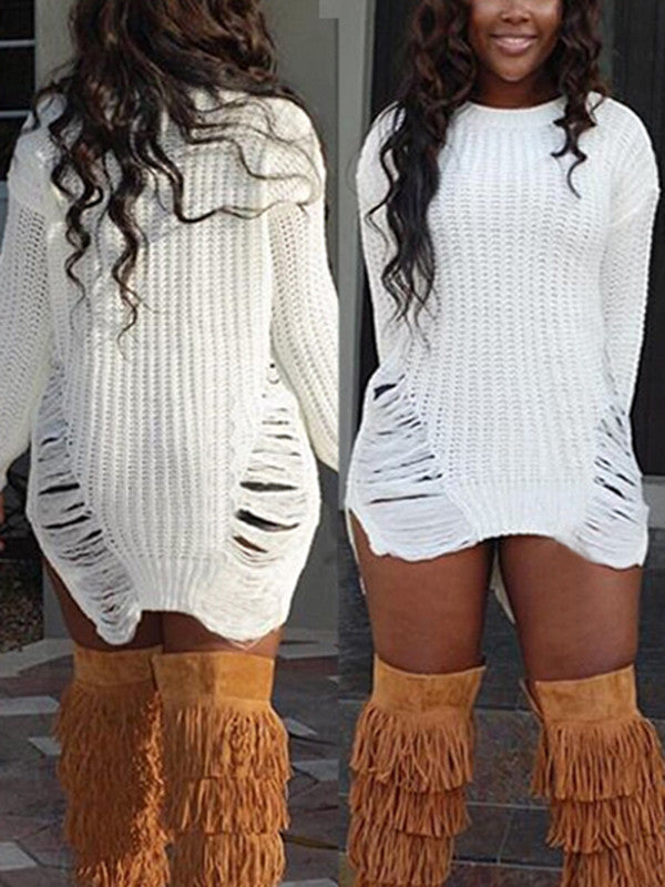 Boat Neck Distressed Knit Sweater Mini Dress