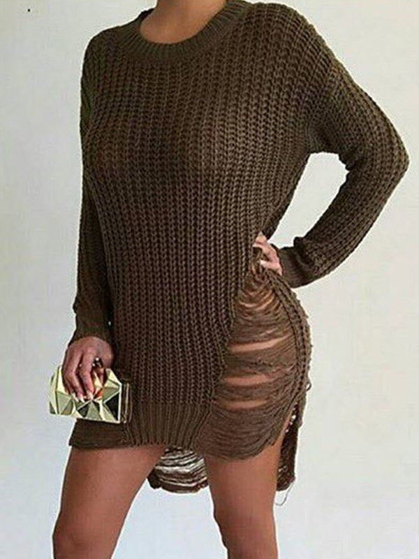 Boat Neck Distressed Knit Sweater Mini Dress