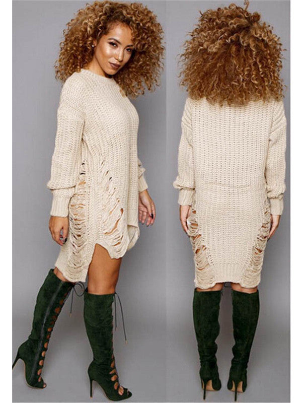 Boat Neck Distressed Knit Sweater Mini Dress