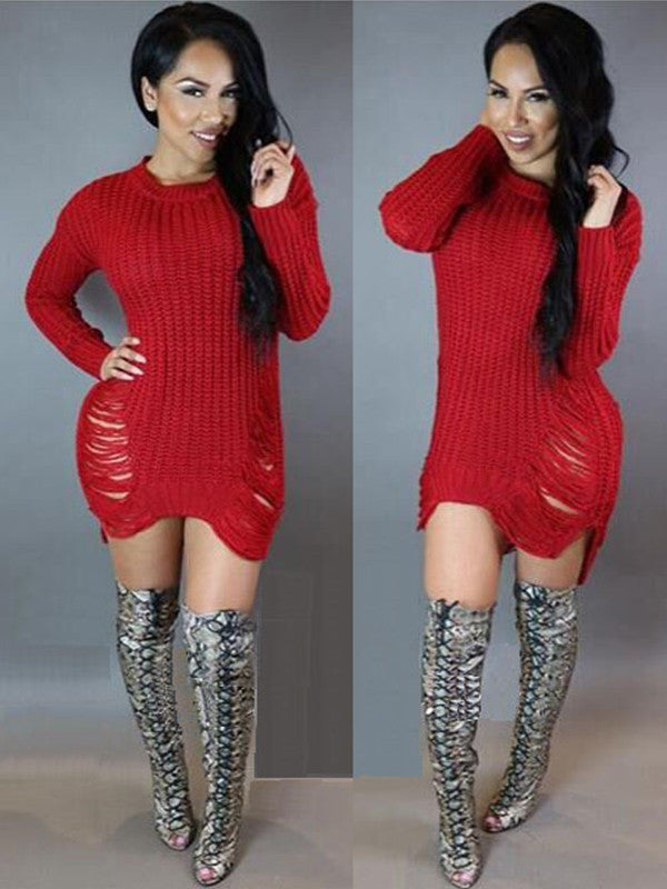Boat Neck Distressed Knit Sweater Mini Dress
