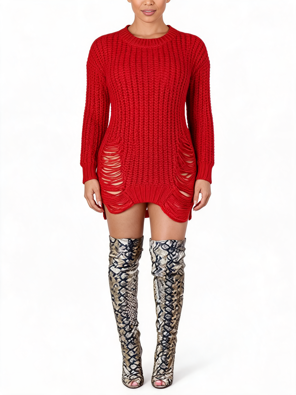 Boat Neck Distressed Knit Sweater Mini Dress