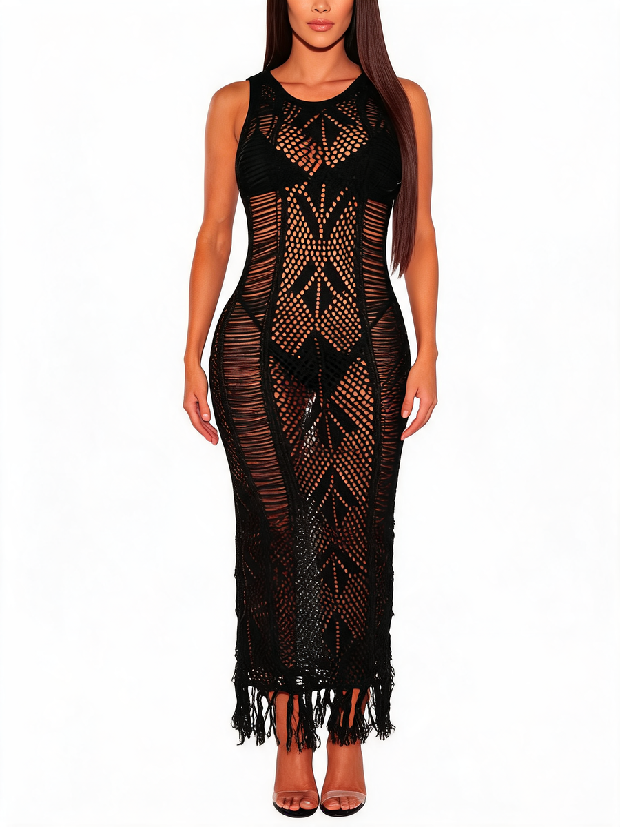 Crochet Fringe Hem Sleeveless Maxi Cover-Up Dress