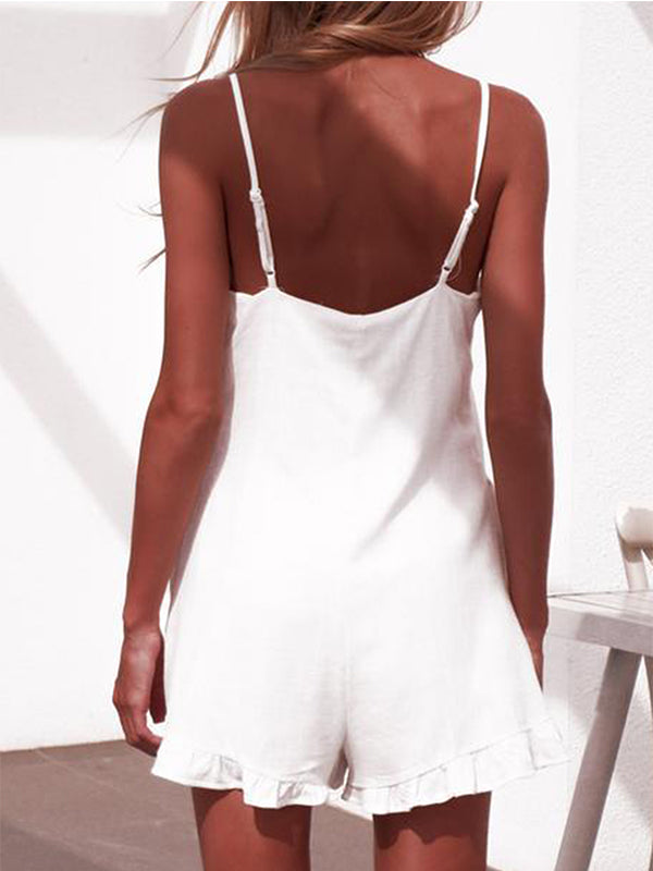 White Spaghetti Strap Button Placket Front Ruffle Hem Playsuit