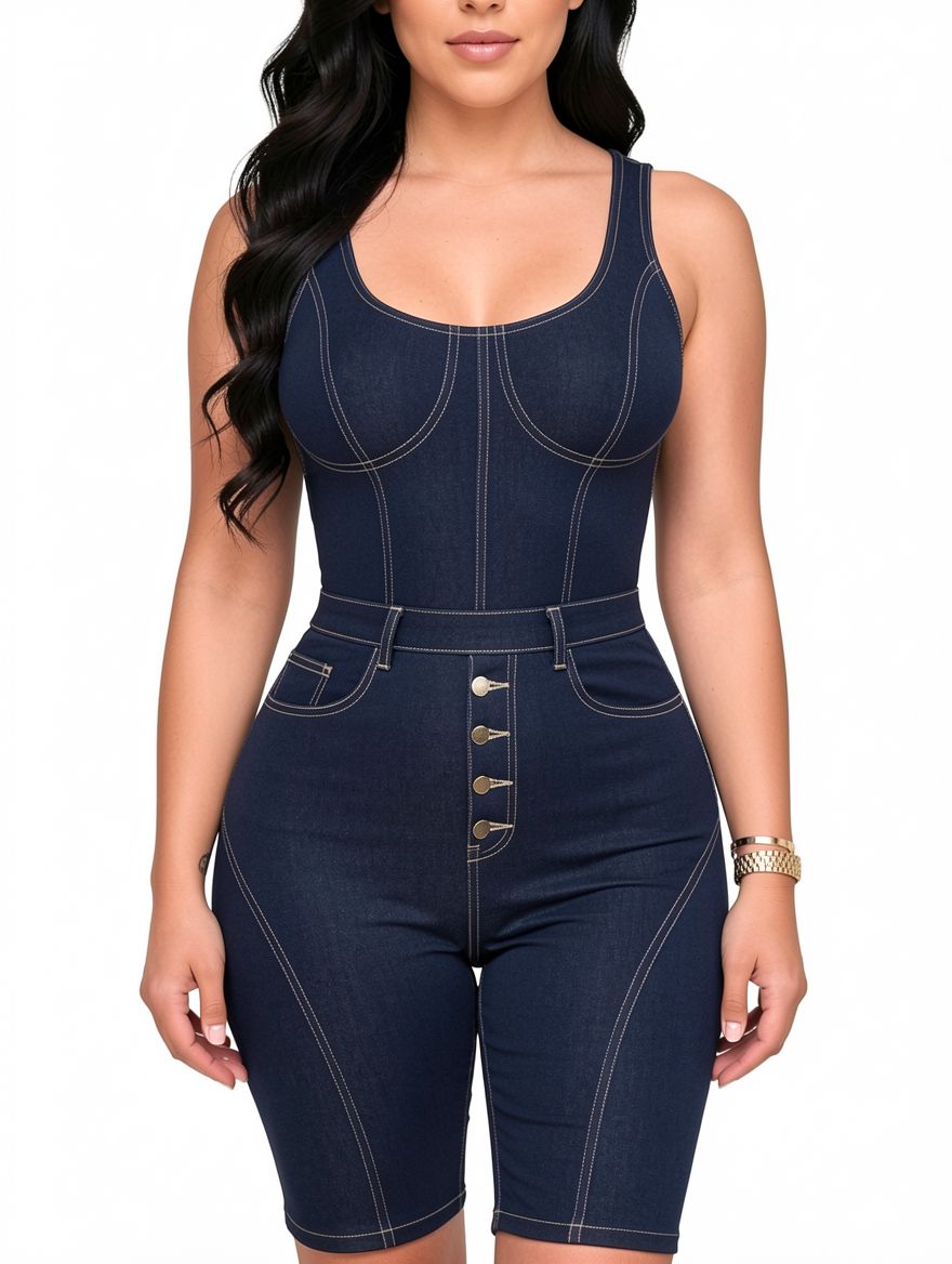 Dark Blue Back Zipper Denim Romper