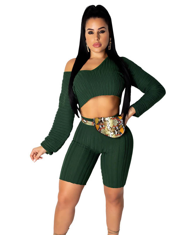 Casual V-neck Long Sleeve Solid Color Shorts Sets