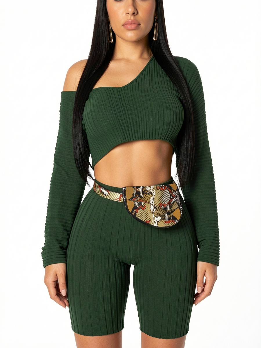 Casual V-neck Long Sleeve Solid Color Shorts Sets