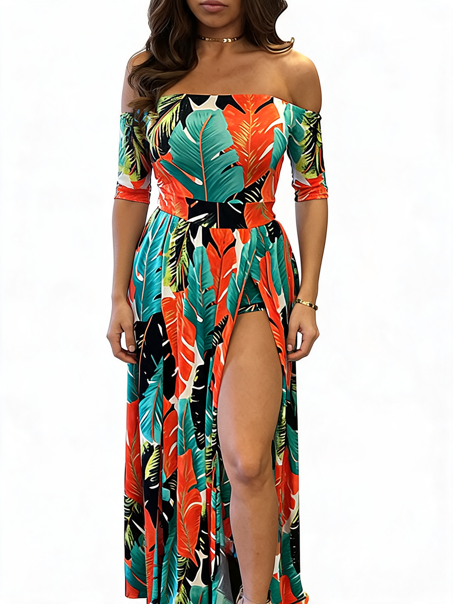 Off Shoulder Side Split Maxi Dress