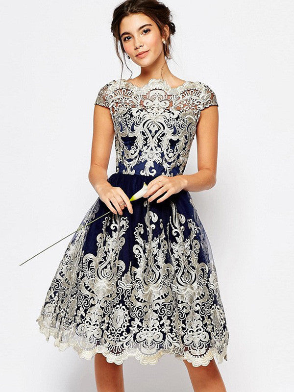 Short Sleeve Printed Lace Dress