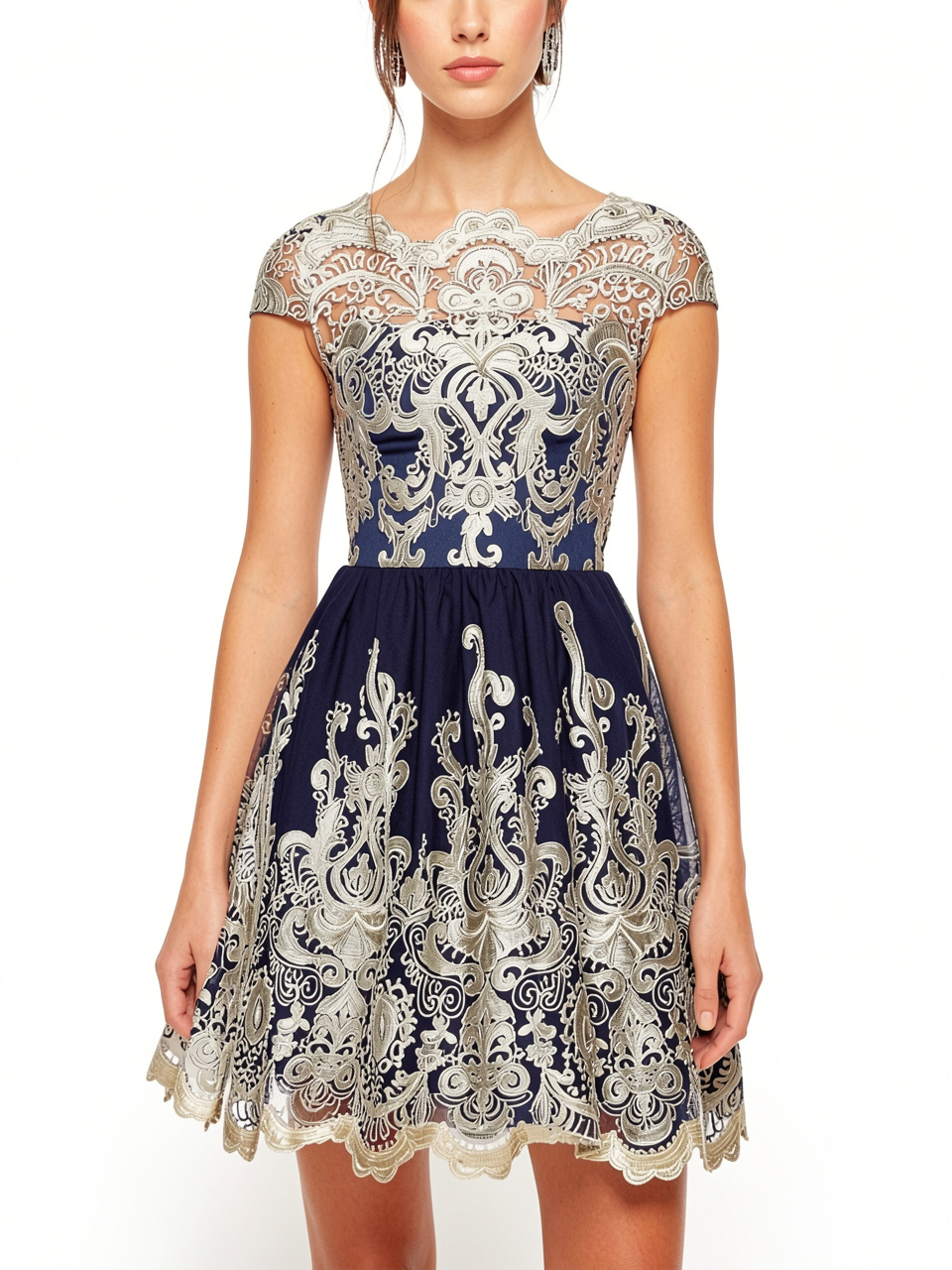 Short Sleeve Printed Lace Dress