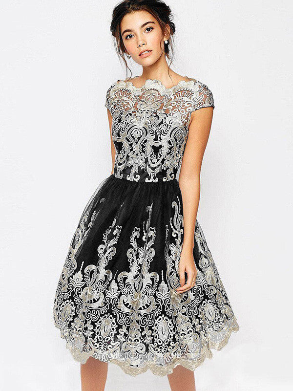 Short Sleeve Printed Lace Dress