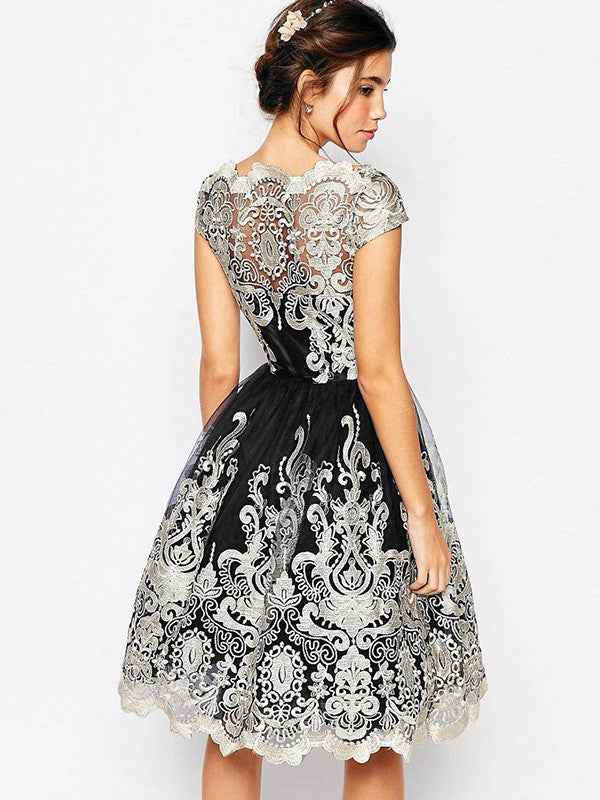 Short Sleeve Printed Lace Dress