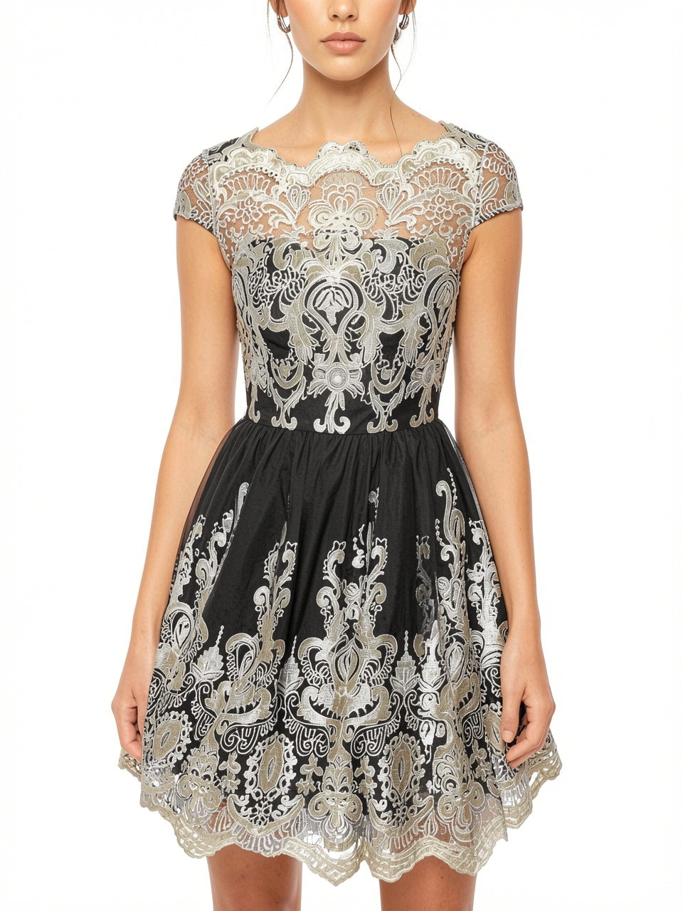 Short Sleeve Printed Lace Dress