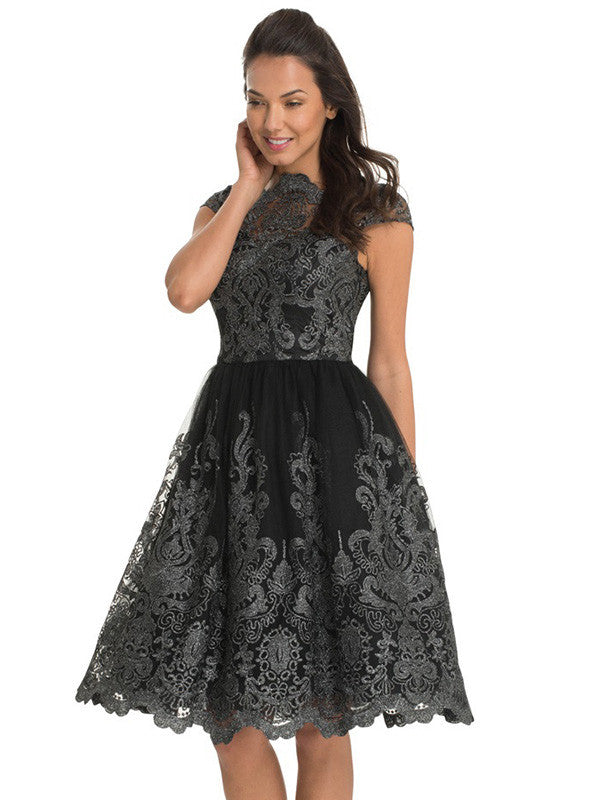 Short Sleeve Printed Lace Dress
