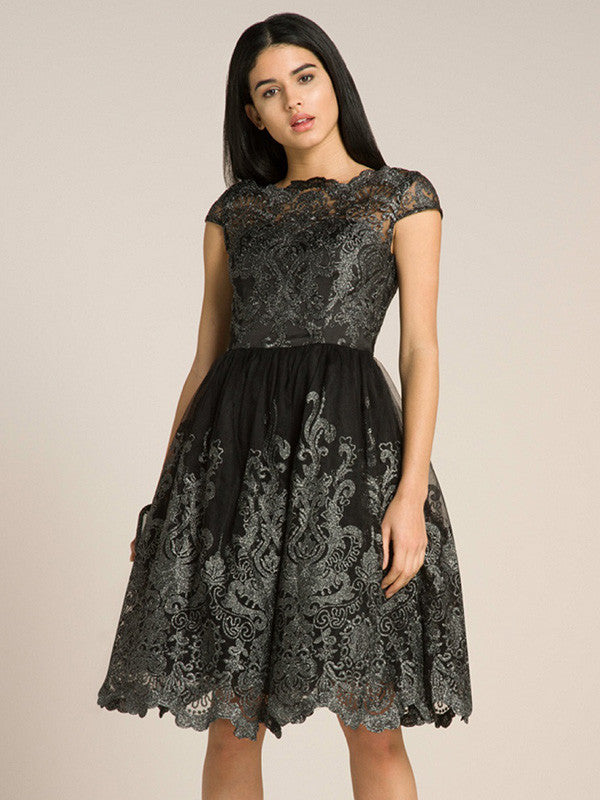 Short Sleeve Printed Lace Dress
