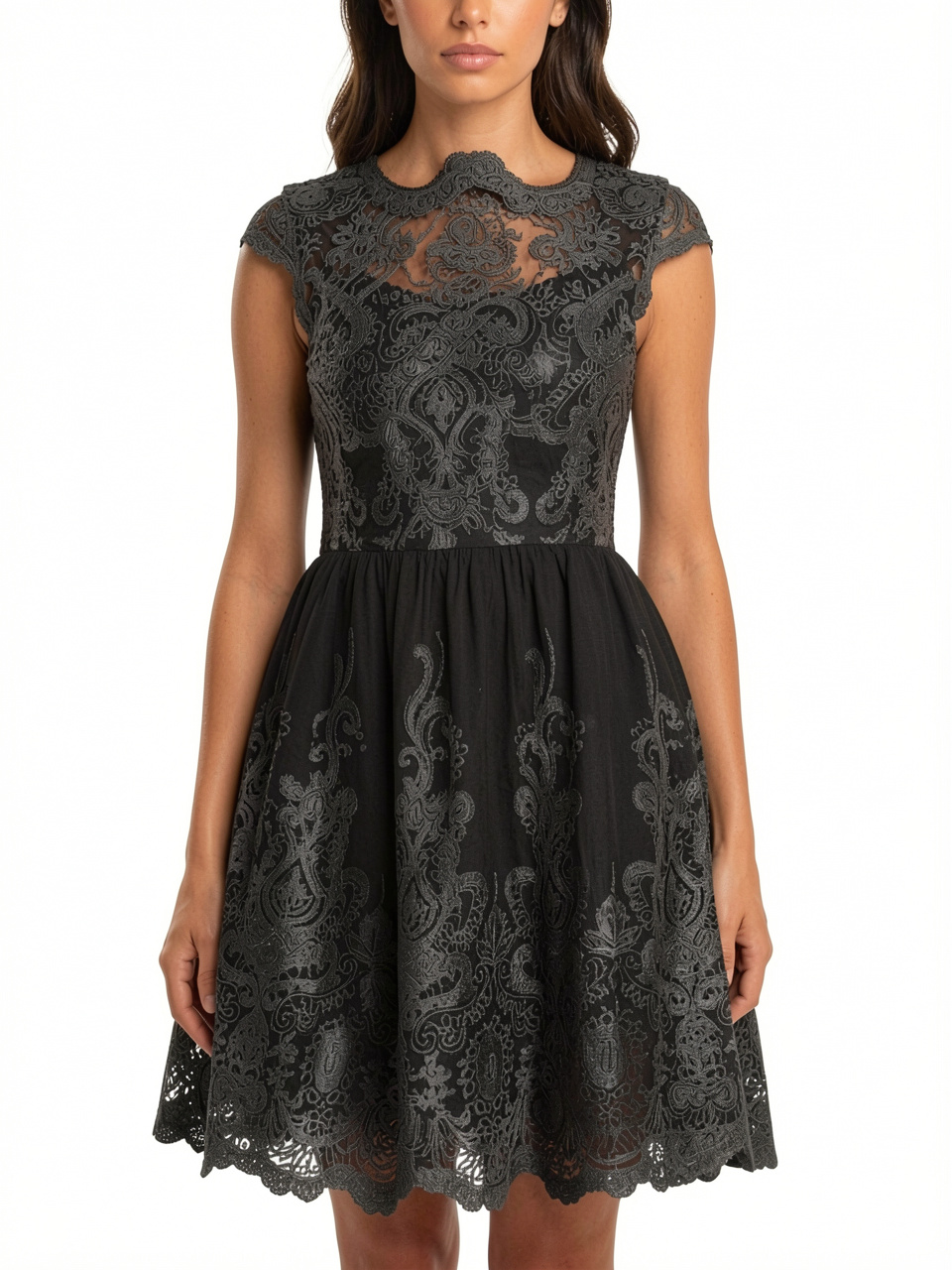 Short Sleeve Printed Lace Dress