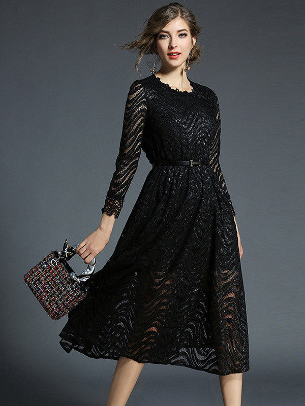 Fashion Bell Sleeve Lace Midi Dress