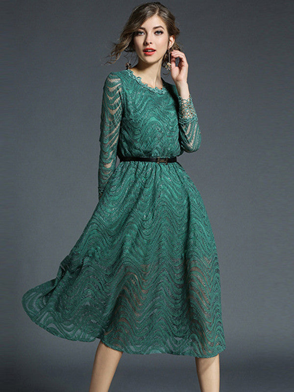 Fashion Bell Sleeve Lace Midi Dress