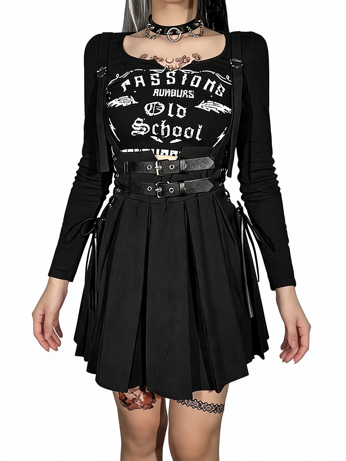 Women Gothic Pleated Suspender Skirt