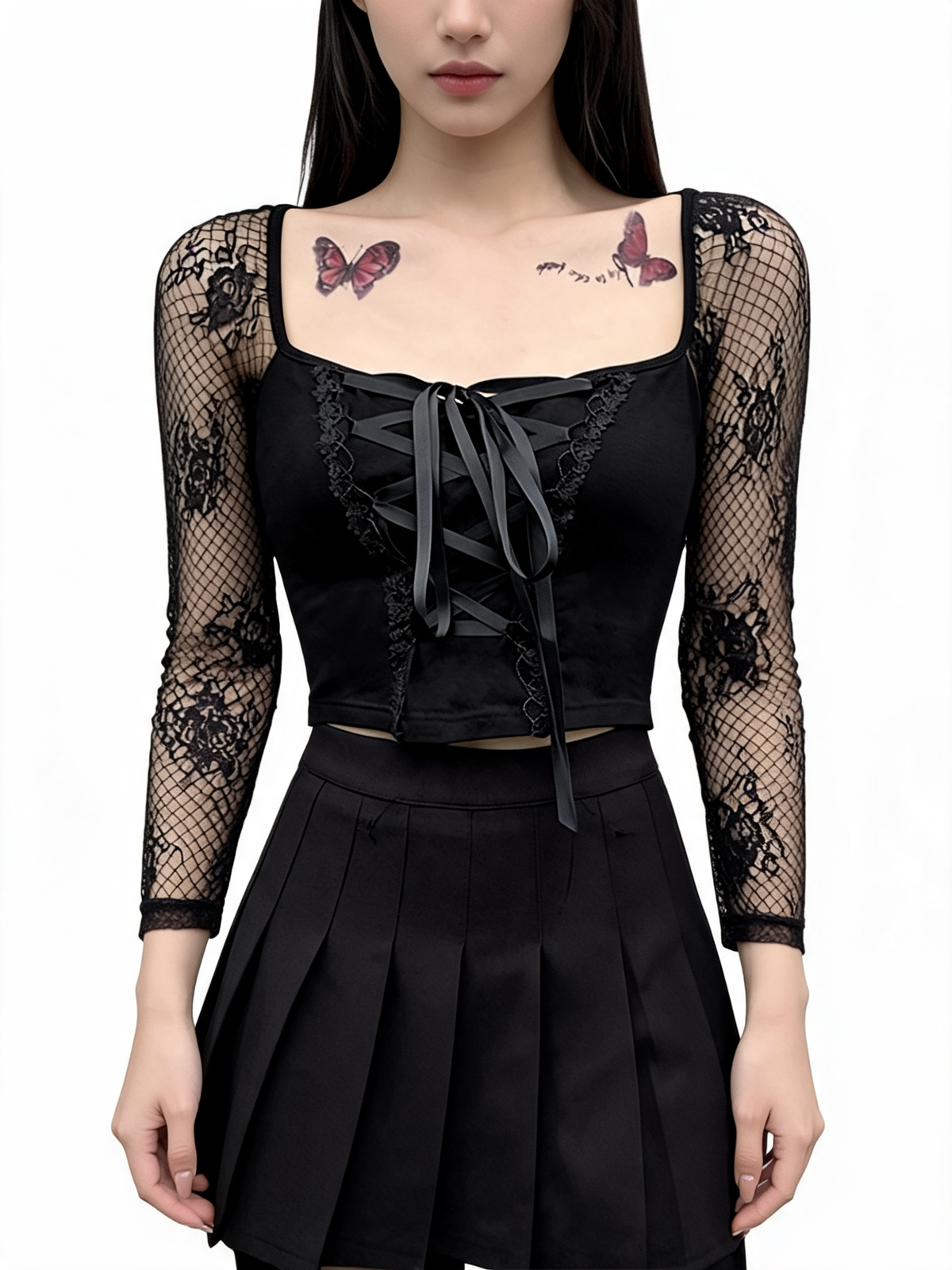 Women Gothic Lace Long Sleeve Cropped Top