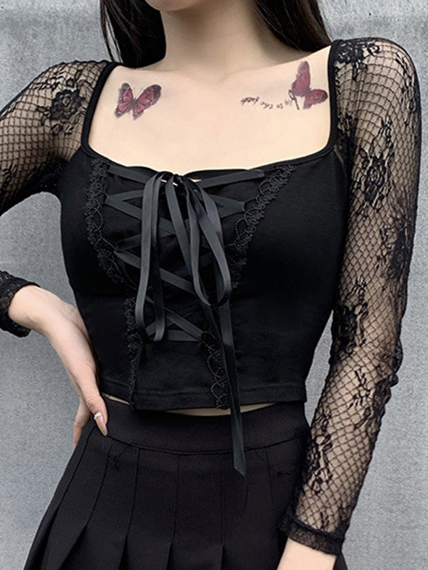 Women Gothic Lace Long Sleeve Cropped Top